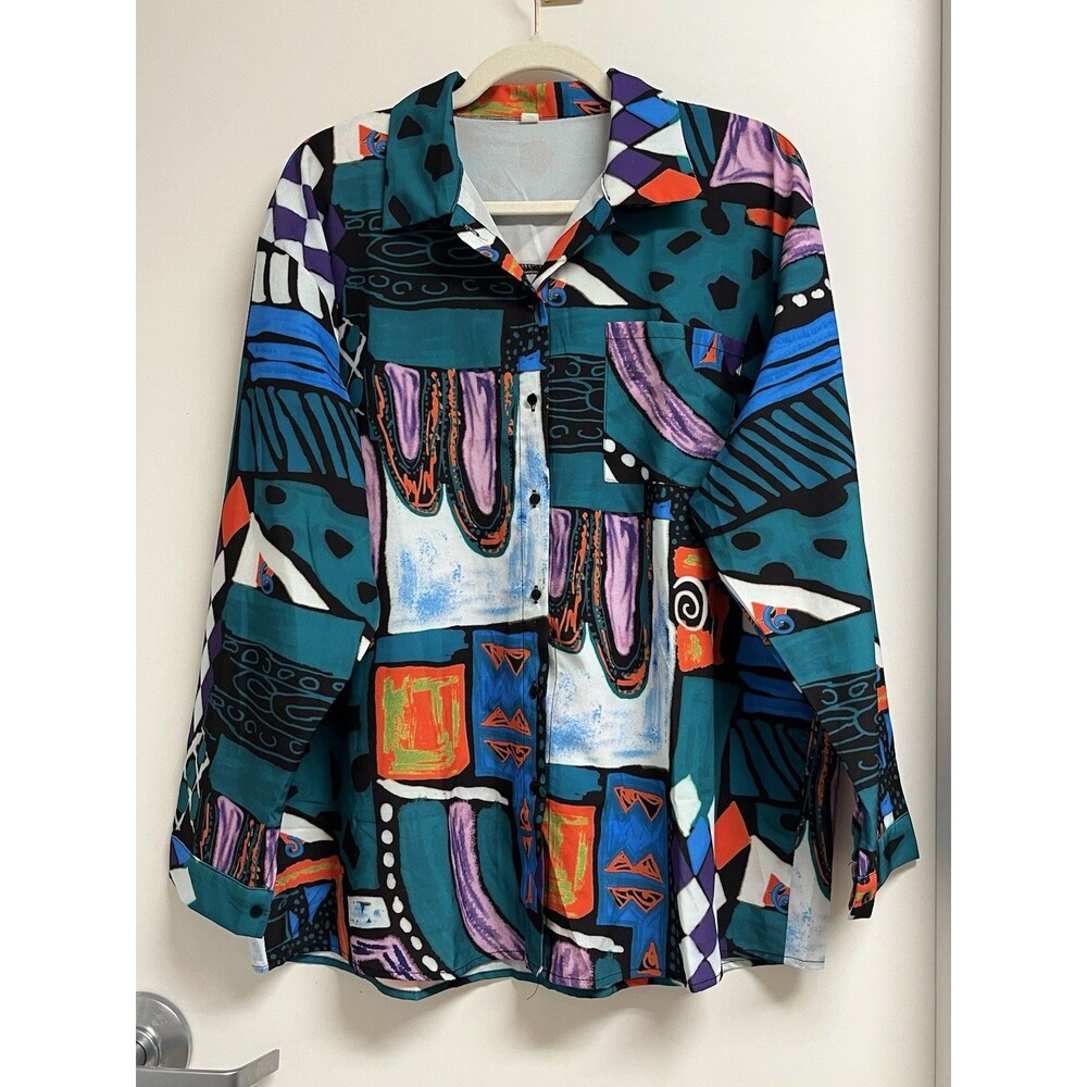 Funky Geometric Multicolor Block Printed Button-Down Shirt Women's Size L